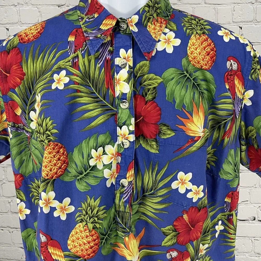 VTG Go Barefoot Blue Hawaiian Tropical Short Sleeve Button Up Shirt USA Large L